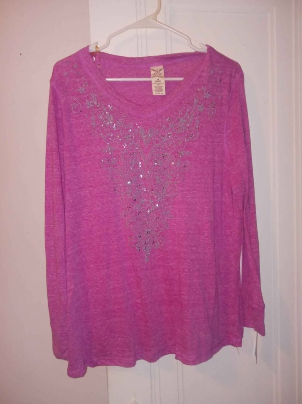 Faded Glory Pink Long-Sleeve Tee with Silver Sequin V-Detail